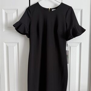 Elegant Black Ruffle Sleeve Dress. Calvin Klein. Sheath dress. Size 8